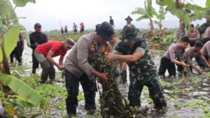 Bersih-Bersih Sampah di Sungai Tawangsari, TNI Polri Sukoharjo Gelar Karya Bakti